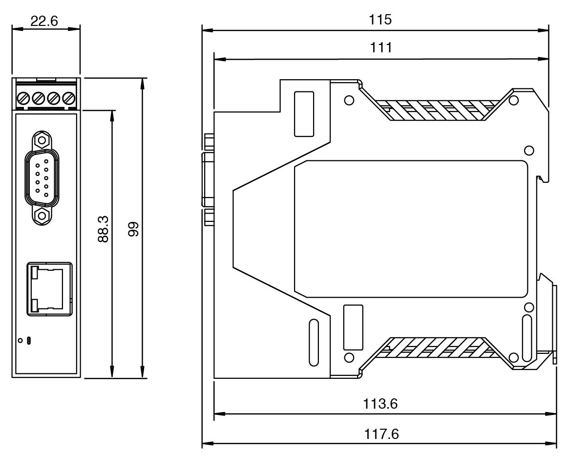 ICDM-RX/MOD-DB9/RJ45-DIN  device dimensions