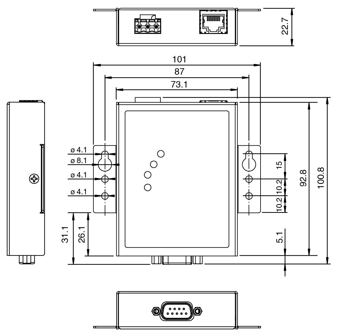 ICDM-RX/MOD-DB9/RJ45-PM device dimensions