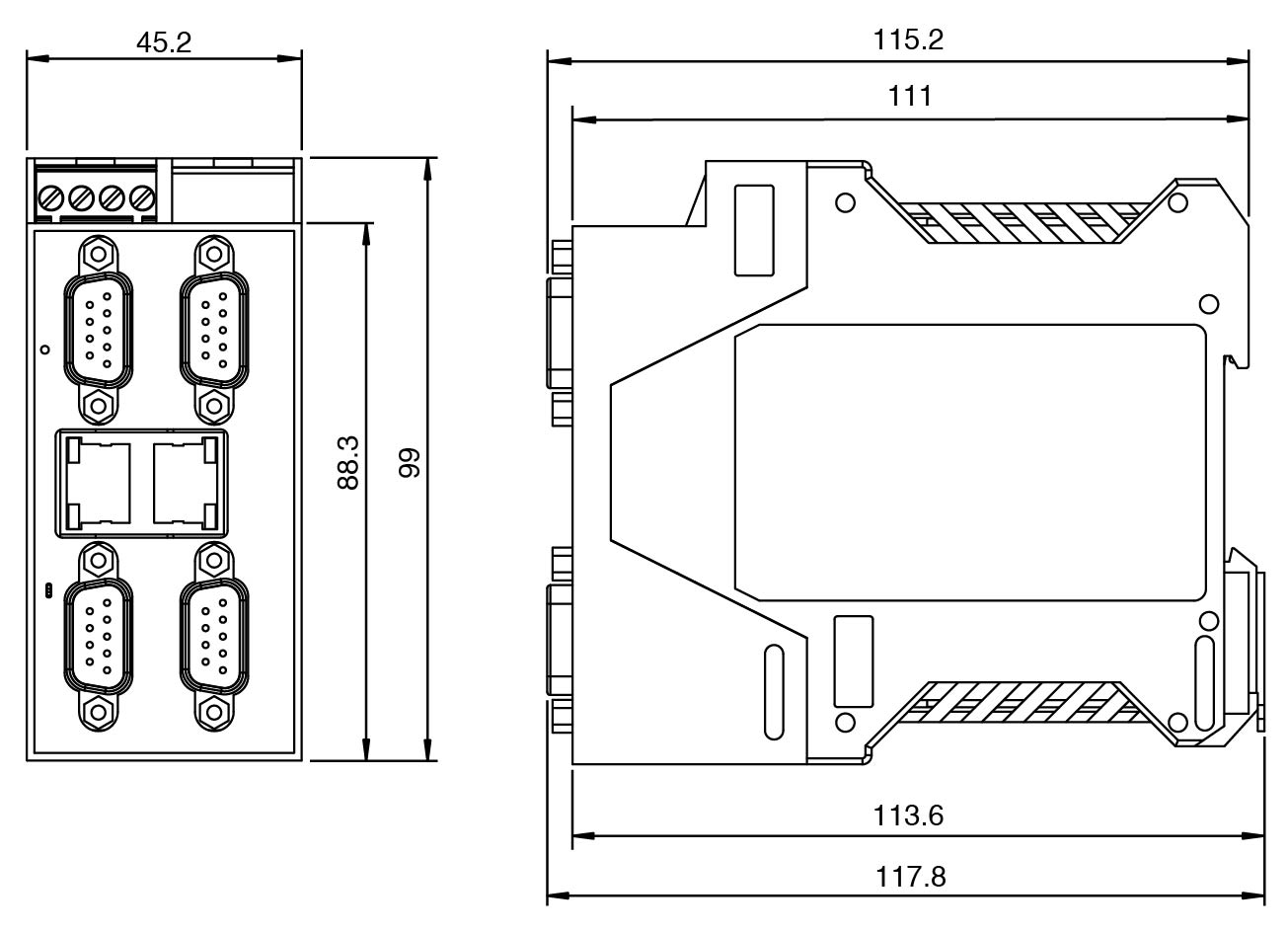 ICDM-RX/PN-4DB9/2RJ45-DIN device dimensions