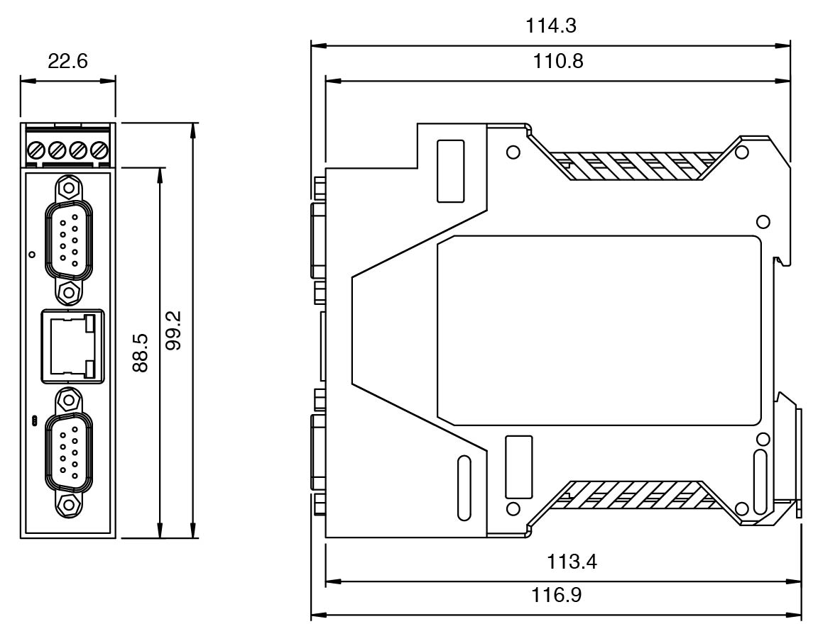 ICDM-RX/TCP-2DB9/RJ45-DIN device dimensions
