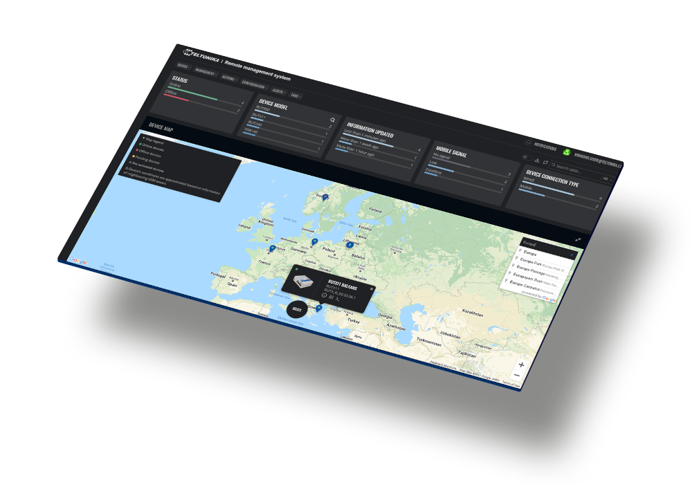 Teltonika RMS status screen with a map